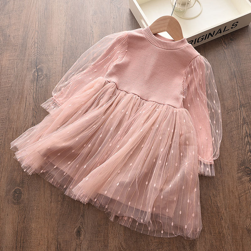 Girls Mesh Cotton Long Puff Sleeve Princess Dress — Cute Costume Dress for Kids