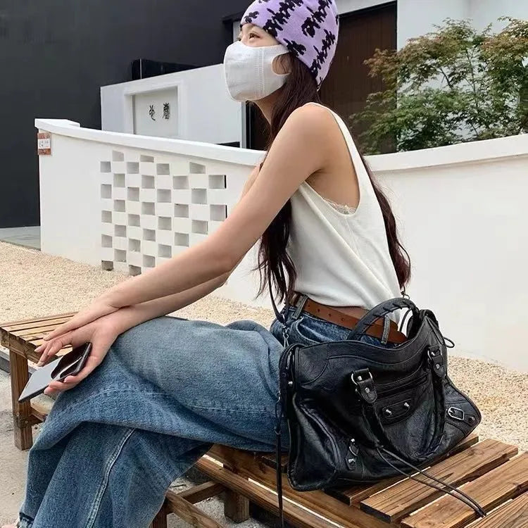 Y2K Motorcycle Crossbody Bag – Trendy PU Leather City Tote & Shoulder Handbag for Women