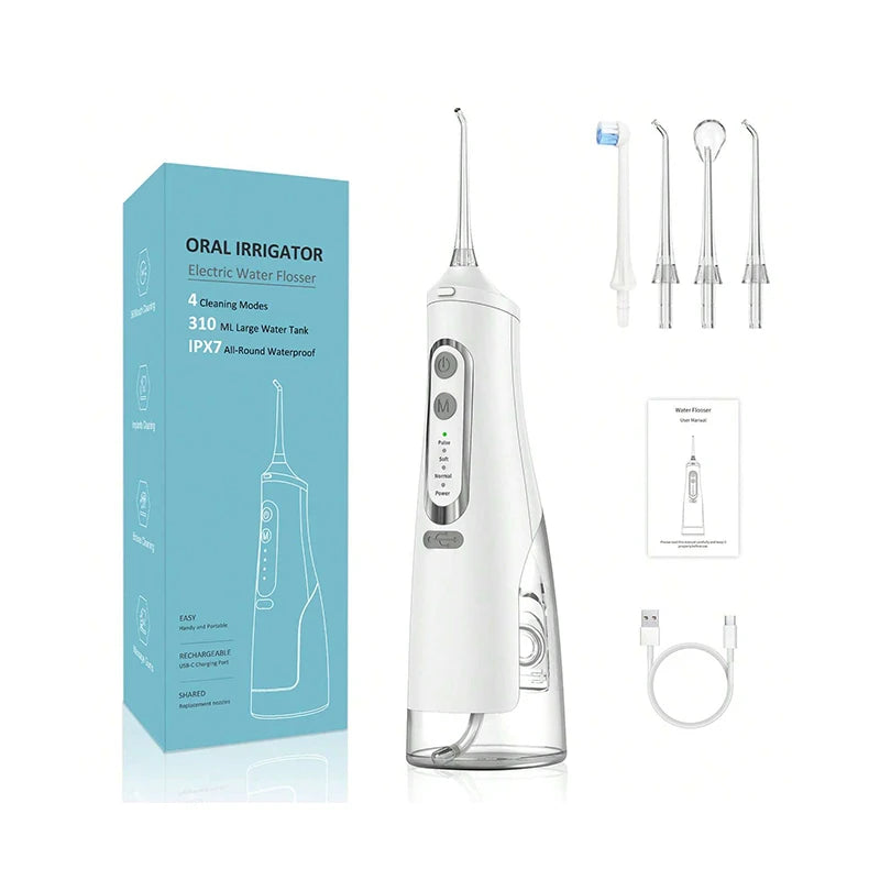 Portable Oral Irrigator – USB Rechargeable, 310ml Tank, 4 Pressure Modes, IPX7, 4 Nozzles