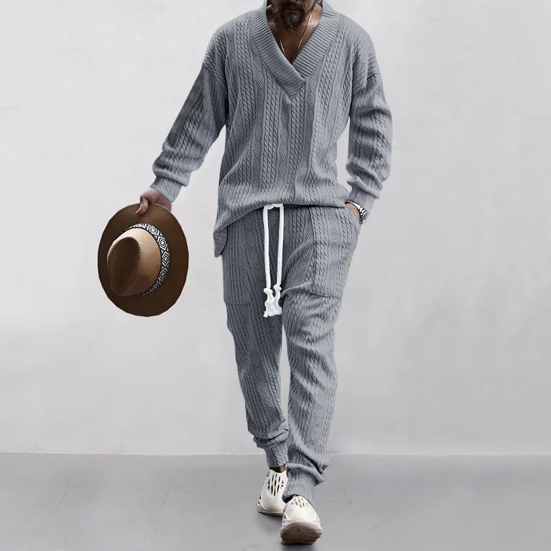 Men's Jacquard Knit Sweater & Casual Trousers Two-Piece Set