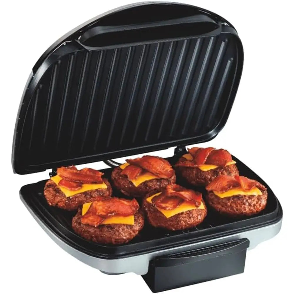 6-Serving Electric Indoor Grill | 90 Sq. In. Nonstick Plates, Floating Hinge, 1200W, Removable Drip Tray, Silver, Keto & Low-Carb Friendly