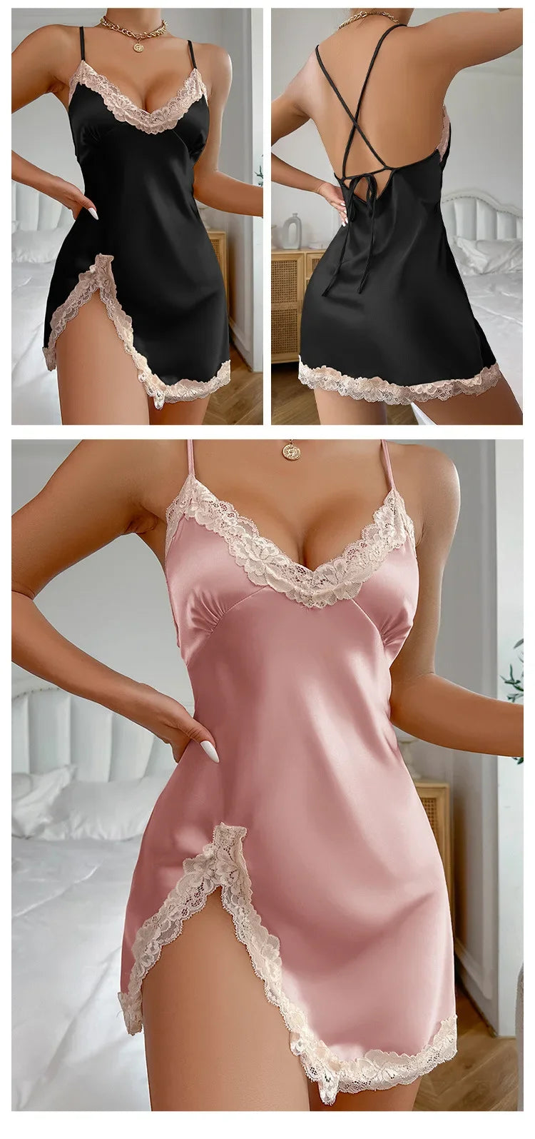 Lace Trim Leopard Nightdress — V-Neck Backless Side Split Slip Sleep Dress