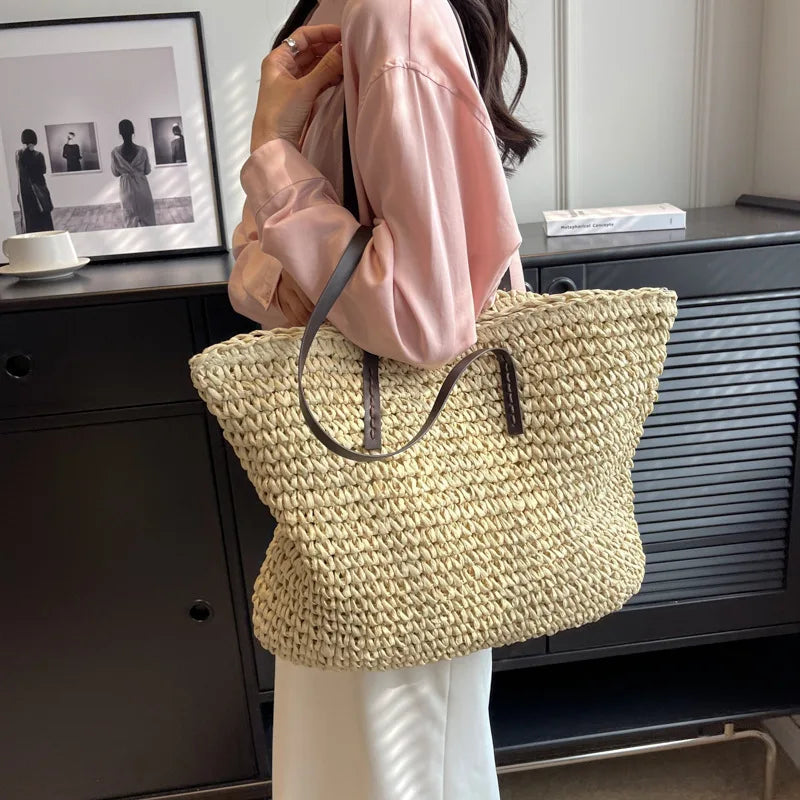 Straw Woven Beach Tote Bag – Large Capacity Casual Shoulder Handbag for Women