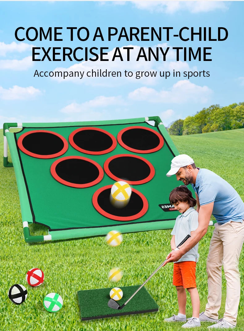 Man and child playing with a golf-like training device on a grassy field.