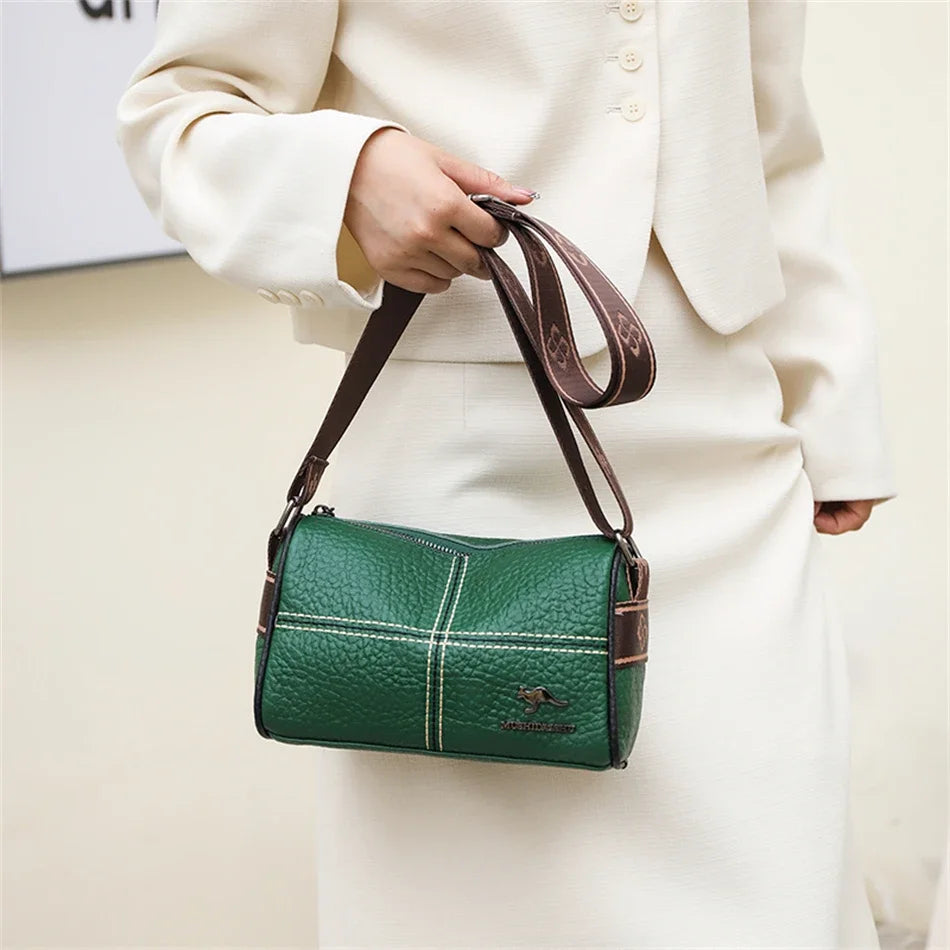 Luxury Genuine Leather Barrel Crossbody Bag – Sequin Shoulder Messenger Bag for Women