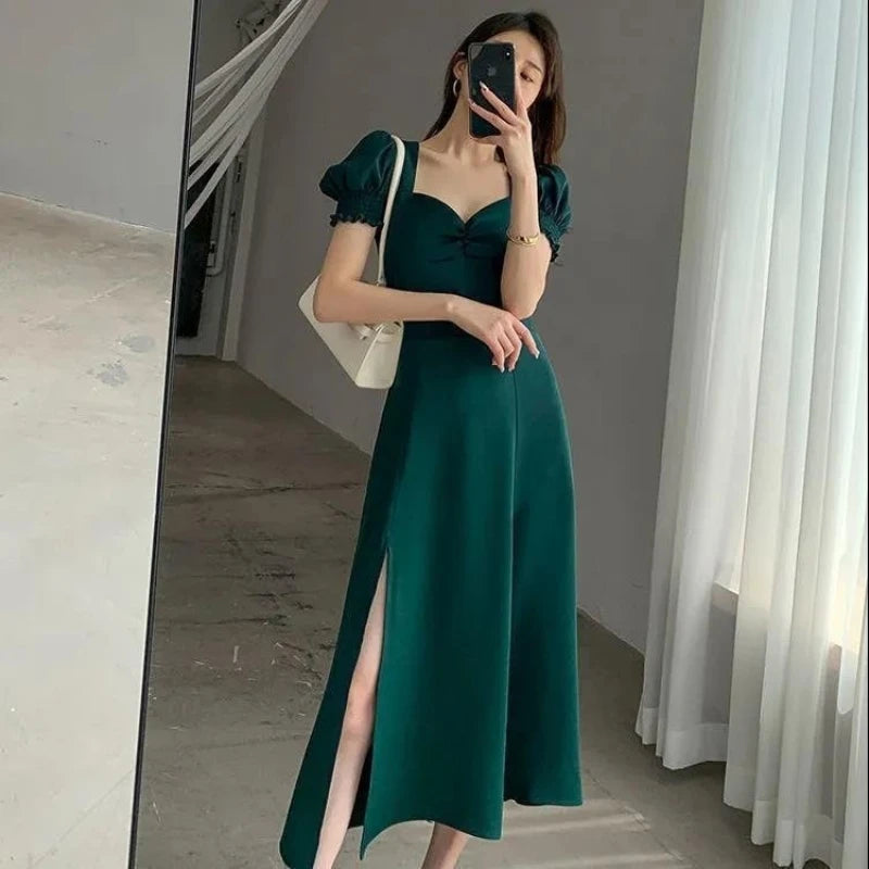V-Neck Puff Sleeve A-Line Maxi Dress — Side Slit Slim Evening Party Dress