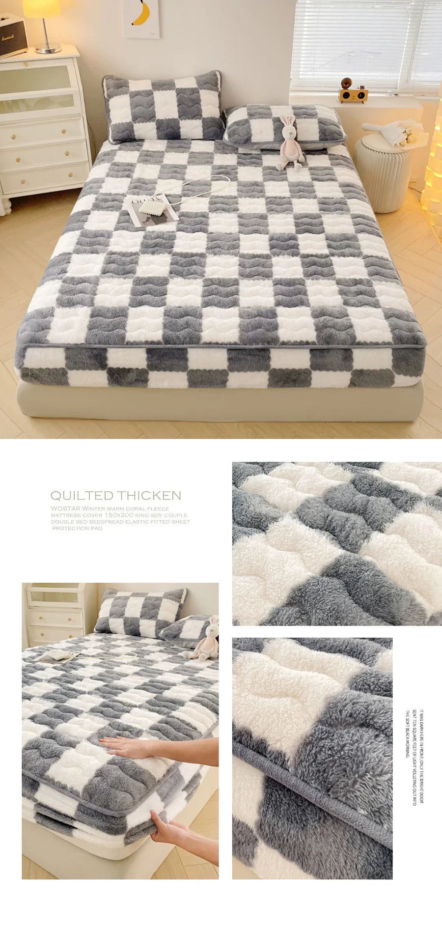 WASART Plush Warm Mattress Protector – Black & White Plaid Elastic Fitted Bed Pad