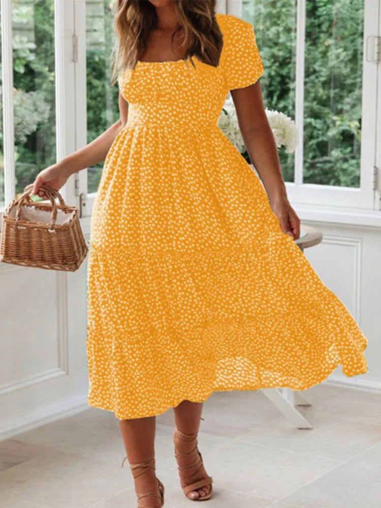 Women's Vintage Floral Puff Sleeve Maxi Beach Dress – Square Collar Casual Long Dress