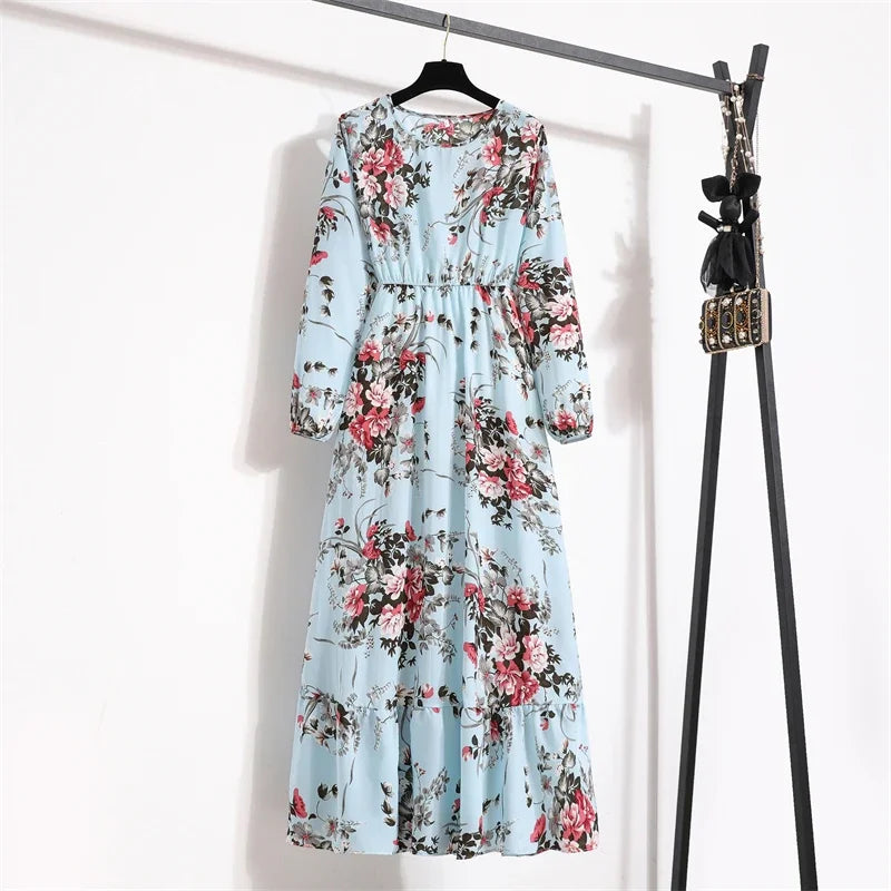 Full Sleeve Floral Geometry Print Boho Beach Party Dress — O-Neck Casual Maxi Dress