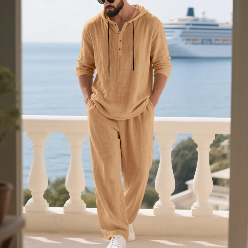 Men's Linen Casual Loose Hooded Henley Shirt & Long Pants Set – Relaxed Autumn 2-Piece Suit