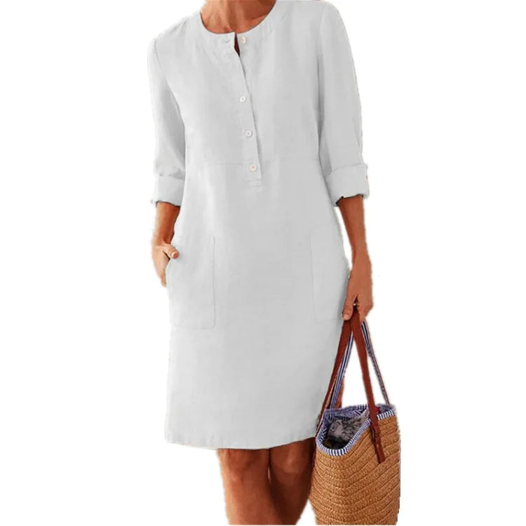 Women's Cotton Linen Tunic Dress – Long Sleeve Vintage Straight Oversized Casual Dress