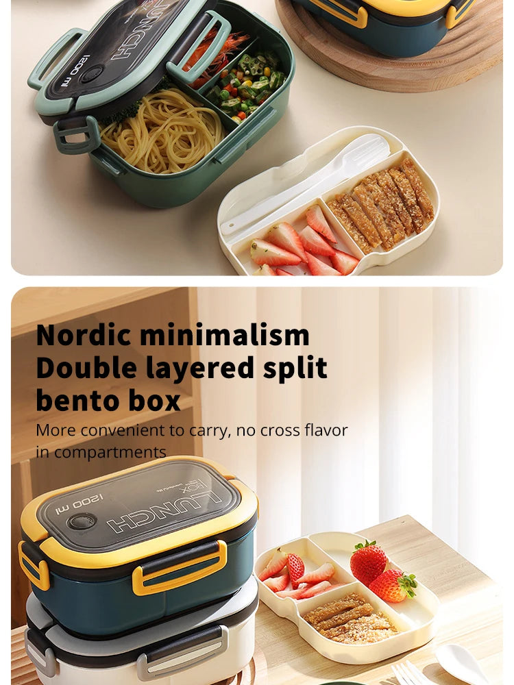 Nordic minimalism double-layered split bento box with compartments filled with food.