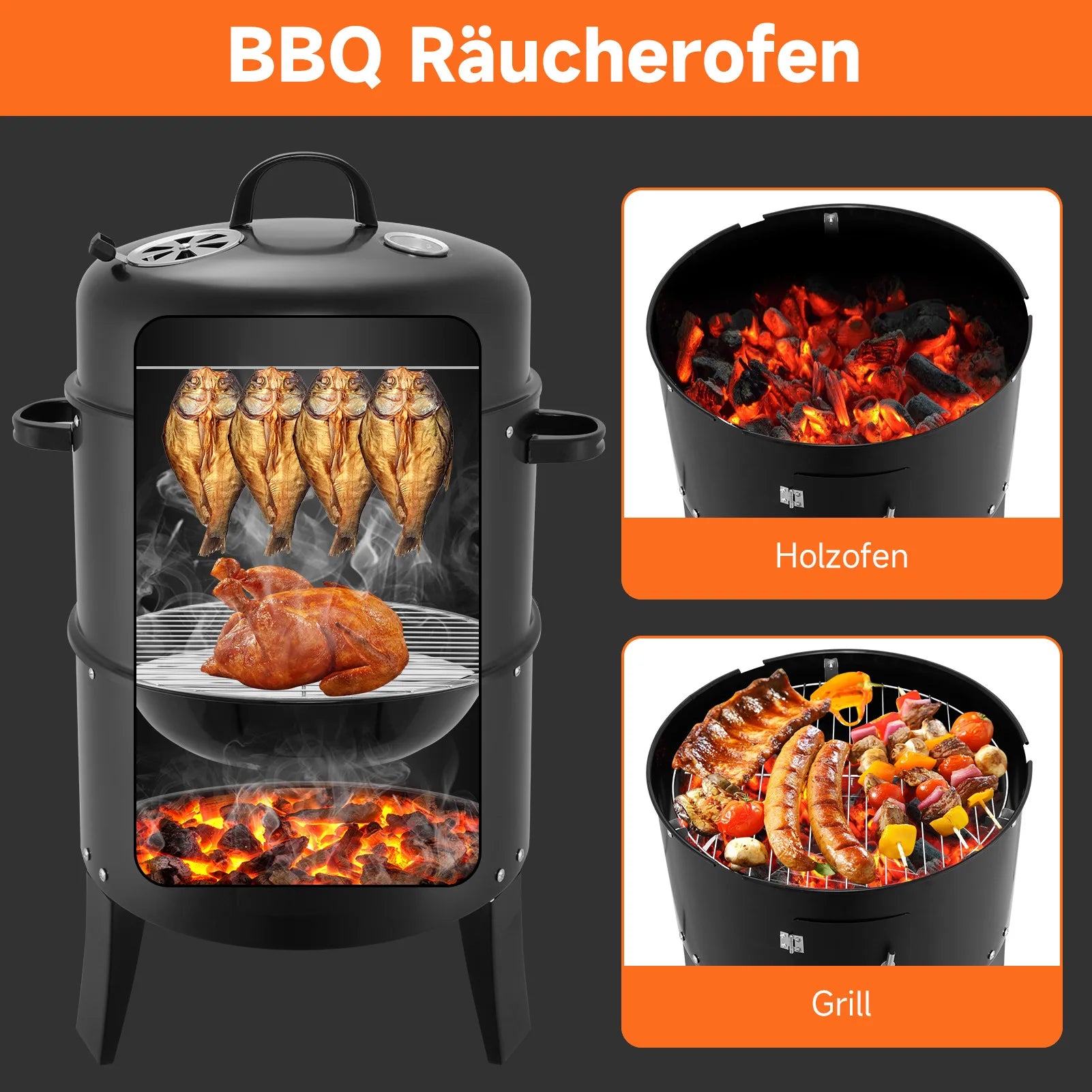 3-in-1 Vertical Portable Smoker Grill | 400 Sq. In., Detachable 2-Layer Design, Built-in Thermometer, Camping & Backyard BBQ
