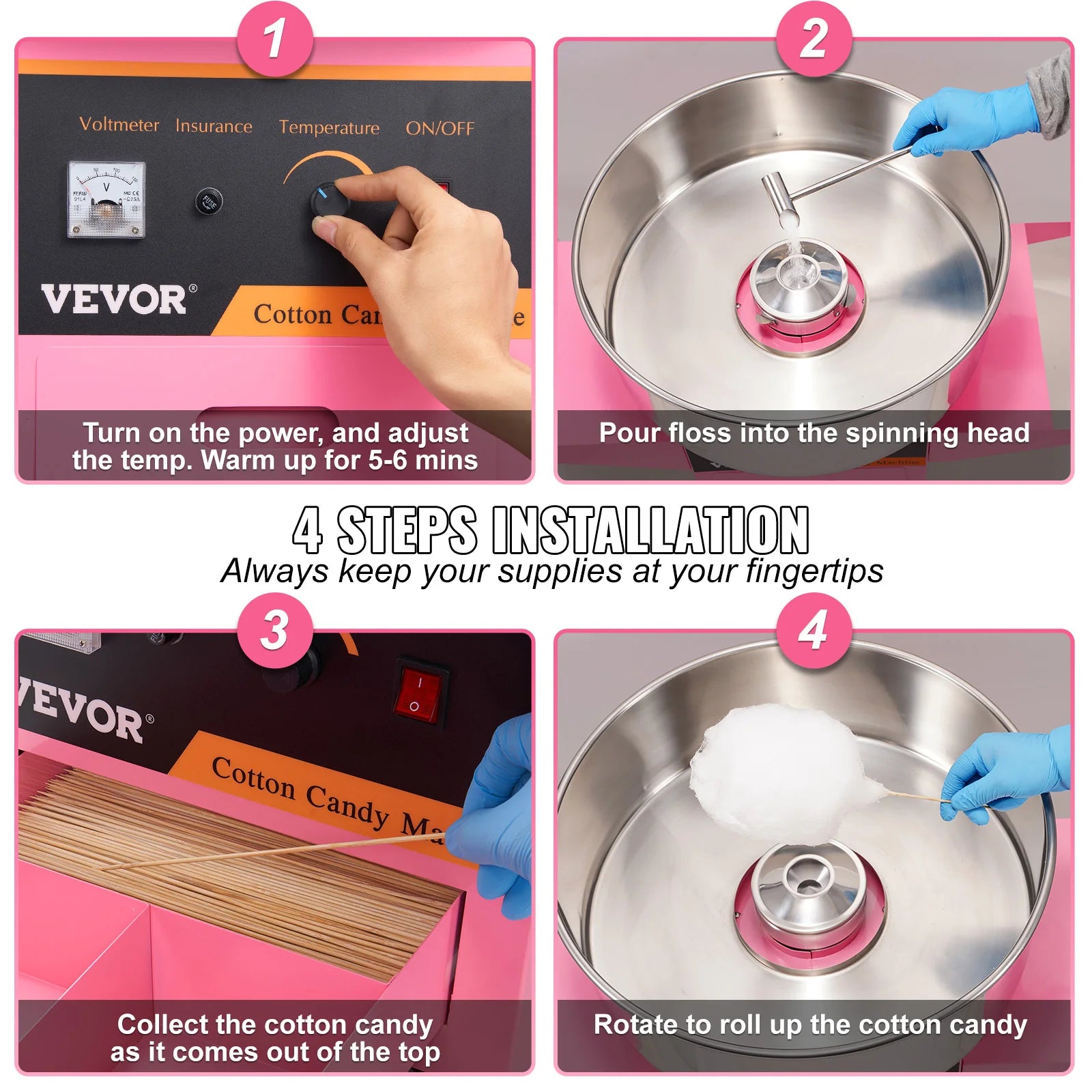 Commercial Cotton Candy Machine 1000W — Electric Floss Maker with Cart, Stainless Steel Bowl