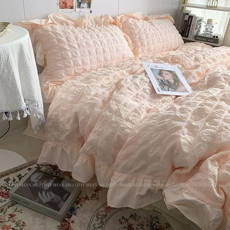 Girls Blue Seersucker Ruffle Bedding Set – Kawaii Soft Duvet Cover with Pillow Cases