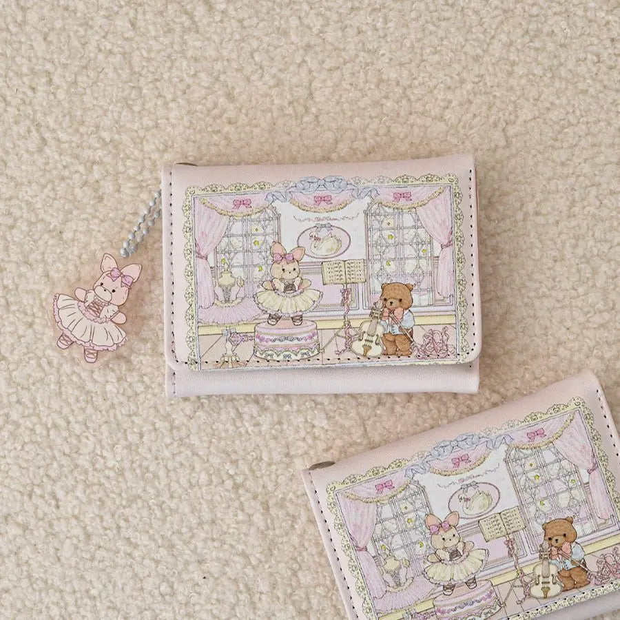 Girl's Dream Spring Picnic Wallet – Cute Rabbit & Bear Design, Anti-Degaussing Multi-Card Coin Purse