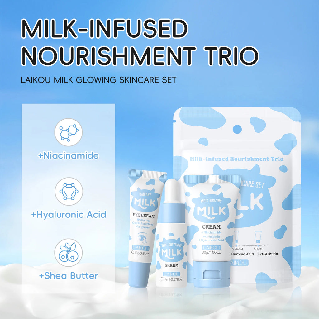 LAIKOU Milk Glowing Trio Skincare Set – Hydrating Serum, Eye Cream & Moisturizer