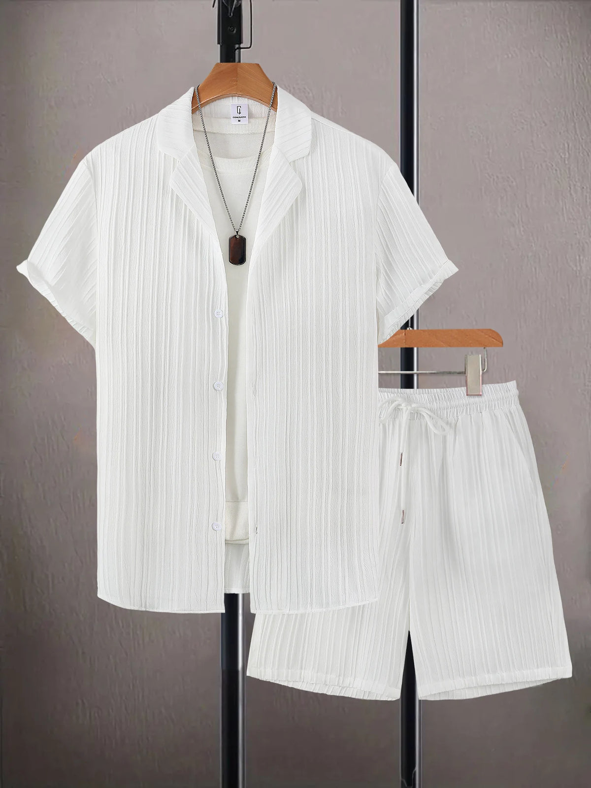 Men's Cuban Collar Shirt & Pleated Shorts 2-Piece Set – Textured Commuter Outfit
