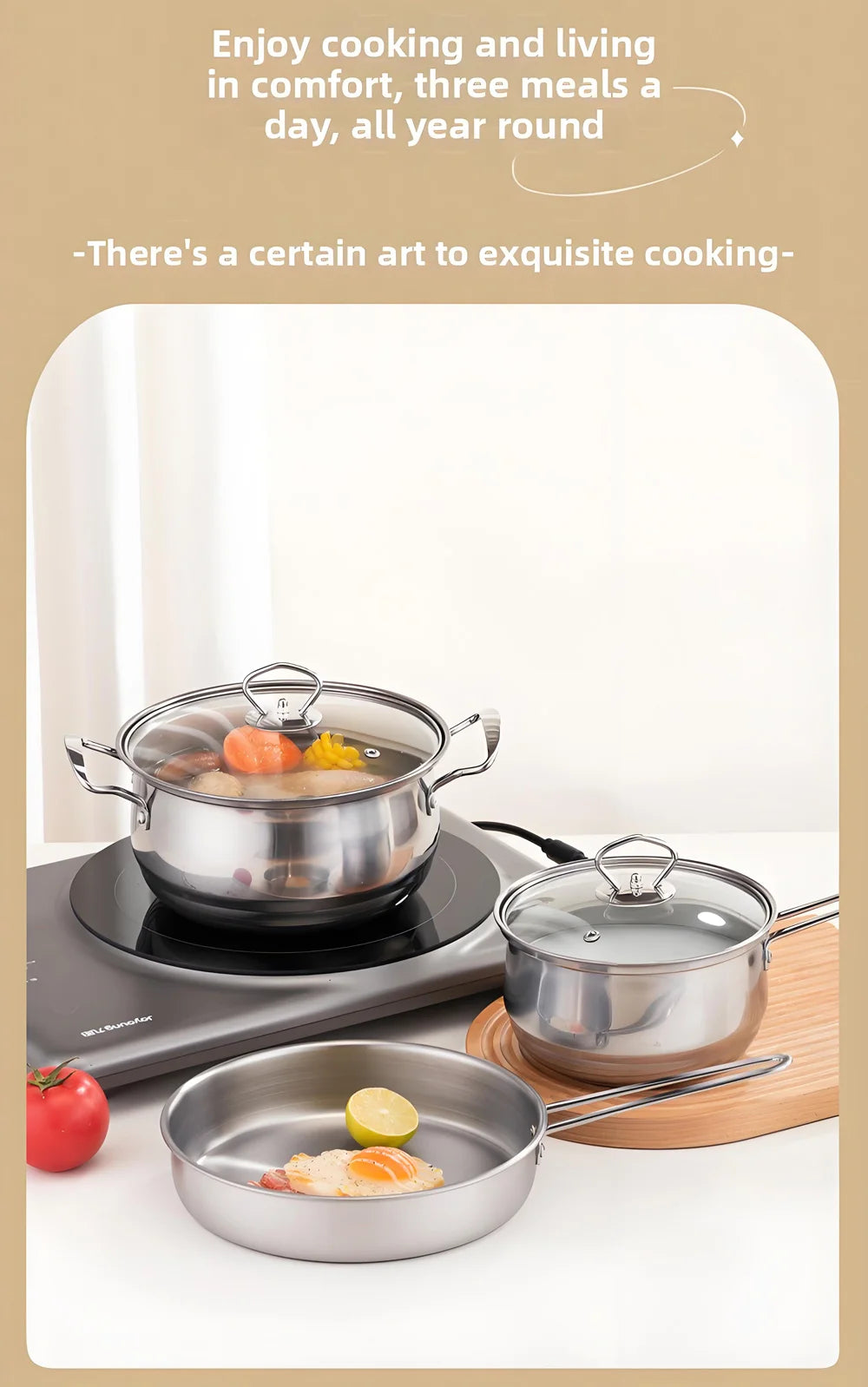 3-Piece Stainless Steel Cookware Set – Stockpot, Saucepan & Frying Pan