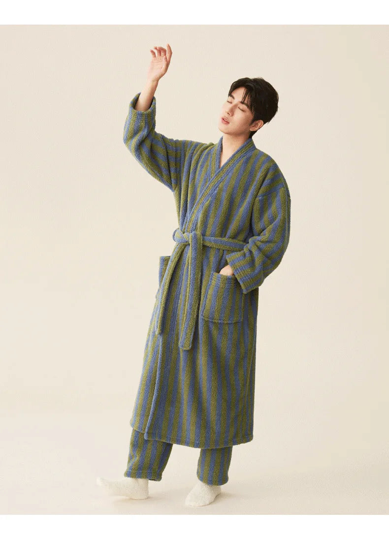 Women's Coral Velvet Striped Fleece Robe | Thick Plush Dressing Gown Loungewear