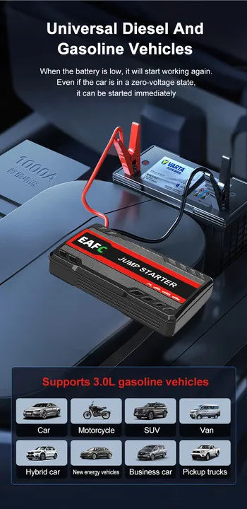 EAFC Portable Car Jump Starter — 600A–2000A Peak, 12V Battery Booster & Power Bank with LED Light