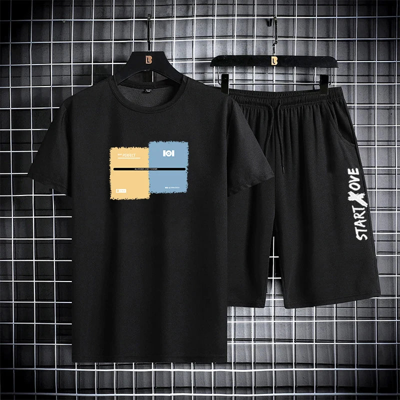 Men's Print Short Sleeve T-Shirt & Elastic Waist Shorts Casual Summer Set