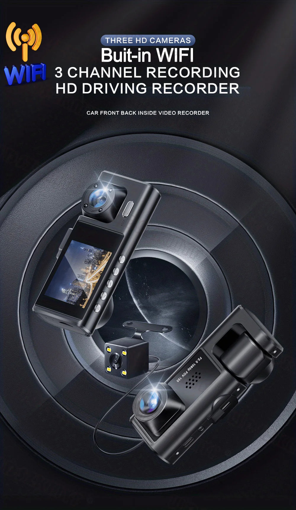 1080P 2/3-Lens WiFi Dash Cam – Front, Rear & Interior, Night Vision, G-Sensor, Loop Recording
