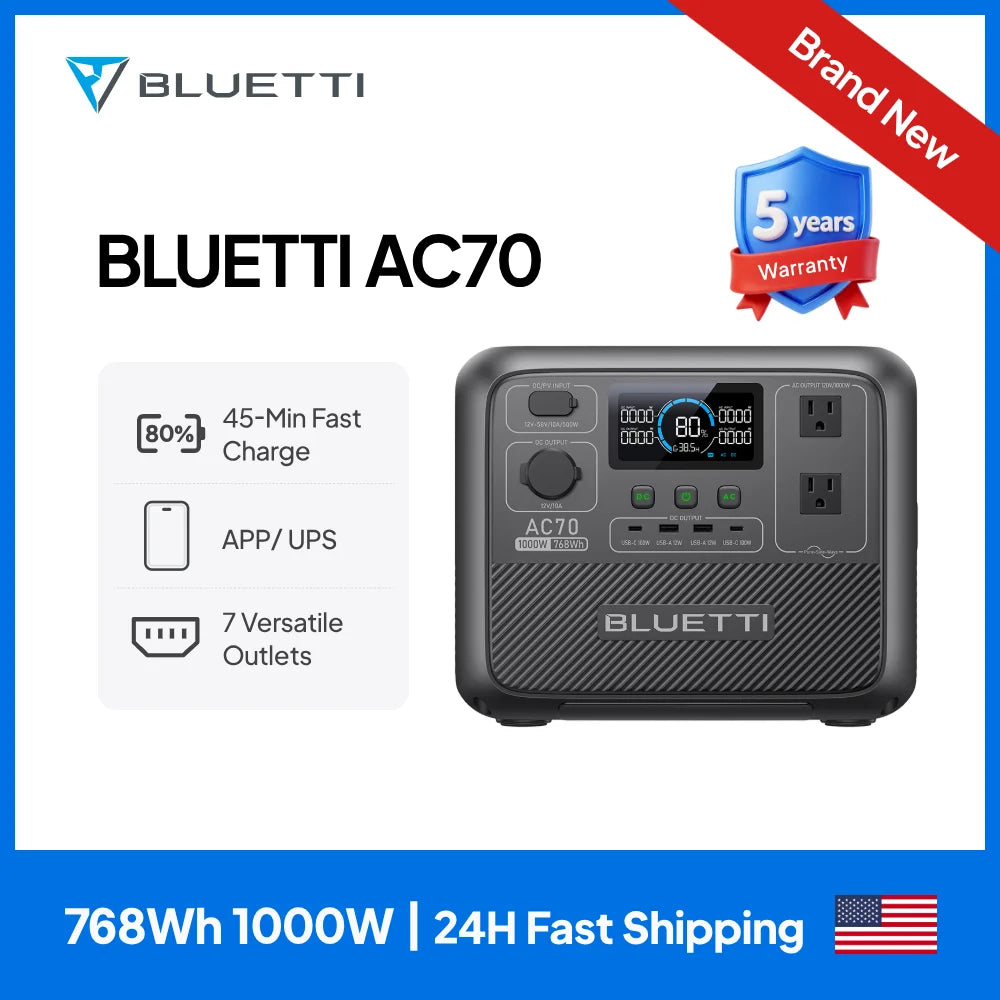 BLUETTI AC70 Portable Power Station — 1000W 768Wh Solar Generator for Road Trips, Off-Grid & Power Outages