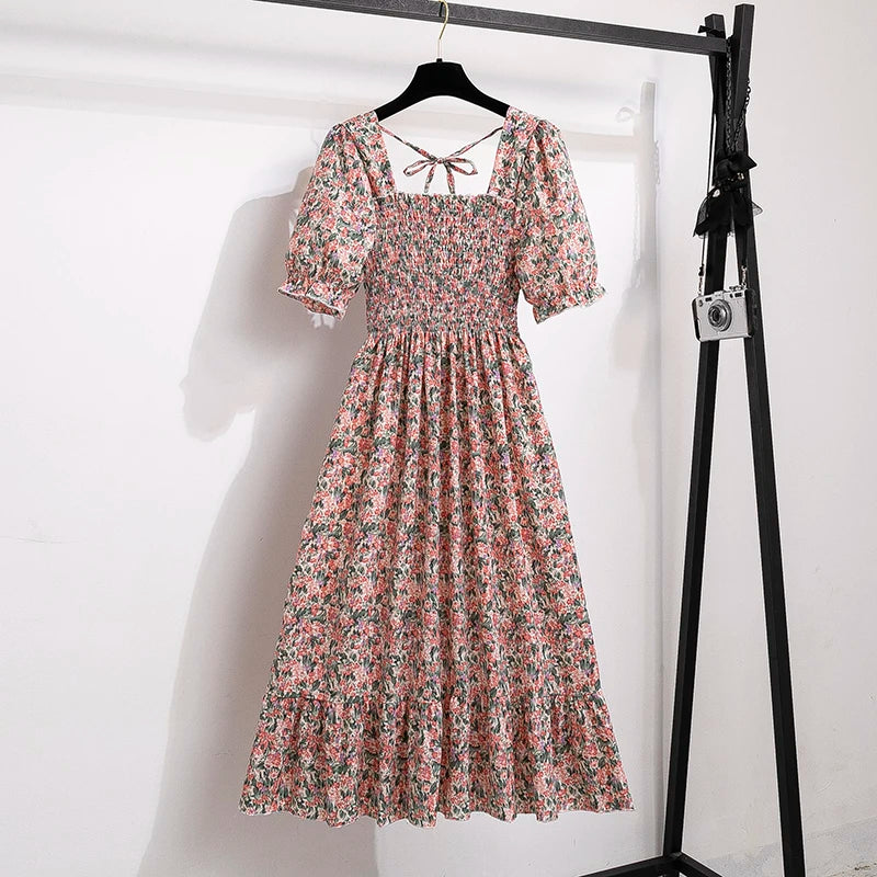 Chiffon A-Line Midi Dress — Elastic Waist Short Sleeve Casual Dress