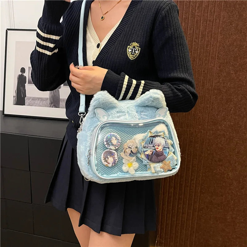 Furry Plush Kawaii Cat Ita Backpack – Cute Student Crossbody Bag for Women