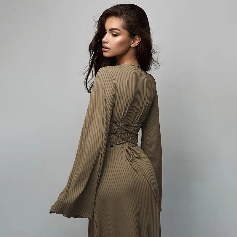 Long Flare Sleeve Maxi Dress — Slim Lace-Up Floor-Length Casual Office Dress