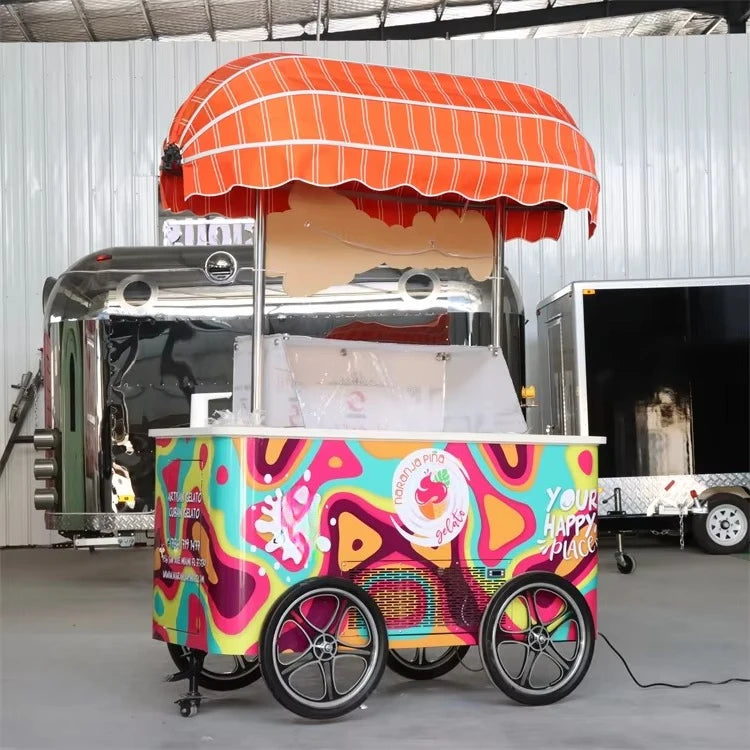 Customized Mobile Food Vending Cart with Canopy – Commercial Street Stall for Ice Cream & Snacks