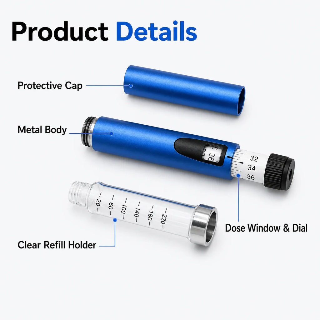 Reusable Insulin Injection Pen – Metal V2 Adjustable 60IU Dose Control with Clear Scale
