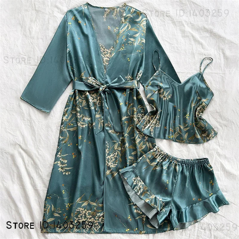 3-Piece Floral Kimono Robe & Pajama Set — Satin Loungewear