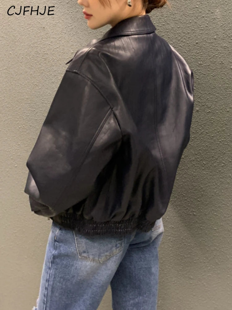 Women's Cropped Faux Leather Jacket – Lapel Zip Front