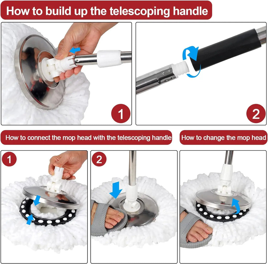 360° Spin Mop & Bucket Set — 3 Microfiber Heads, Stainless Steel Basket, 61" Adjustable Handle