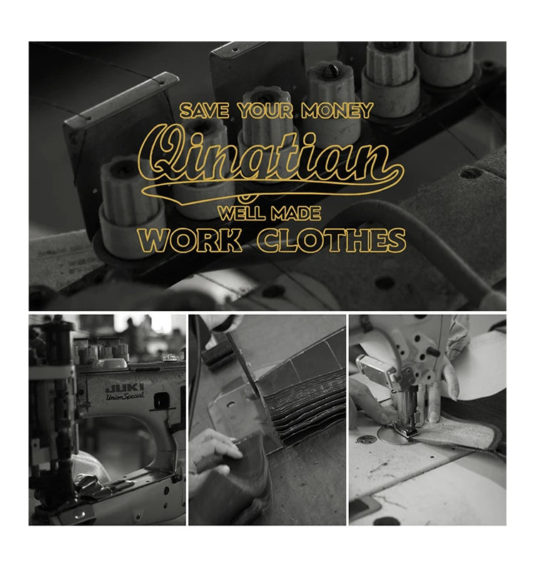 A black and white collage-style promotional graphic with the text 'SAVE YOUR MONEY Qinatian WELL MADE WORK CLOTHES' over a sewing machine scene, plus three smaller photos of sewing machinery and fabric handling.