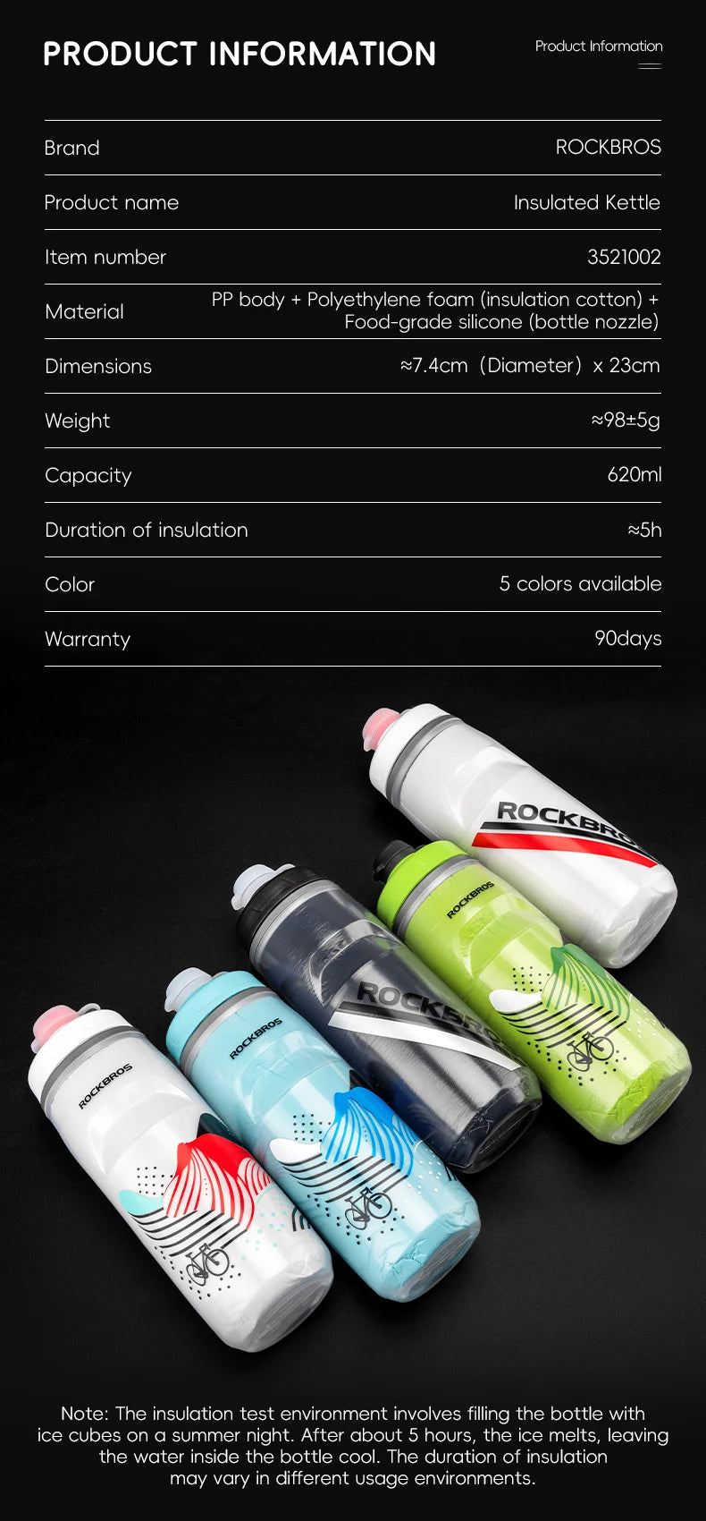 ROCKBROS 620ml Insulated Cycling Water Bottle – Thermal Triple-Layer Squeeze Bike Bottle with Silicone Nozzle