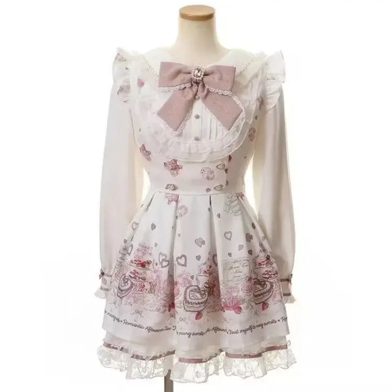 Japanese Gothic Lolita Mini Dress — Harajuku Y2K Bow Lace Ruffle Party Dress