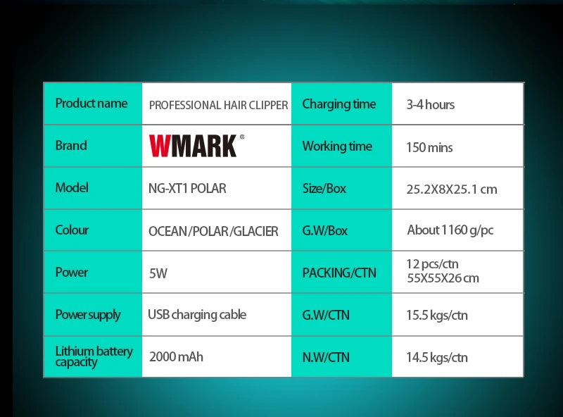 WMARK NG-X1 POLAR Professional Hair Clipper – Vector Motor, 10,000 RPM, DLC Blade, 150-Min