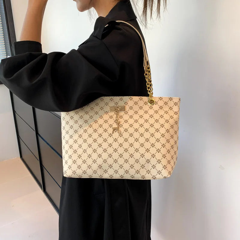 Soft Leather Large Capacity Tote Bag – Women's Shoulder Bag with Hanging Accessories