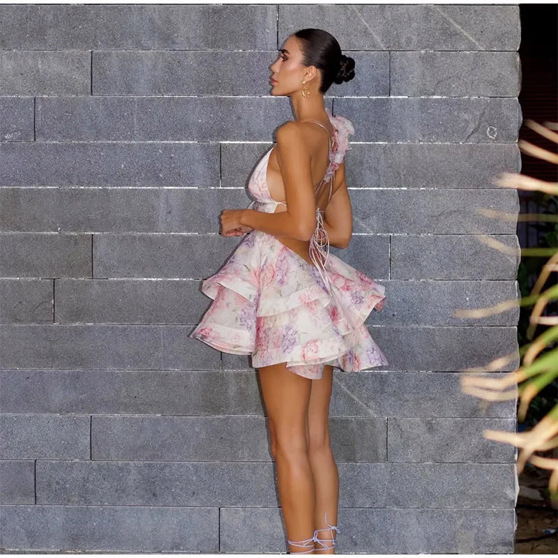 Tie-Dye 3D Flower Mini Dress — Deep V-Neck Flare Sleeve Holiday Dress