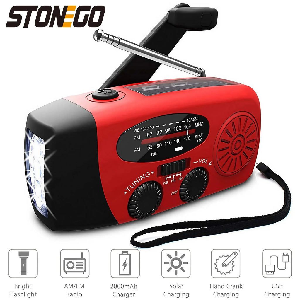 Emergency Weather Radio — FM/AM/WB, Hand Crank Solar, 2000mAh Power Bank & LED Flashlight