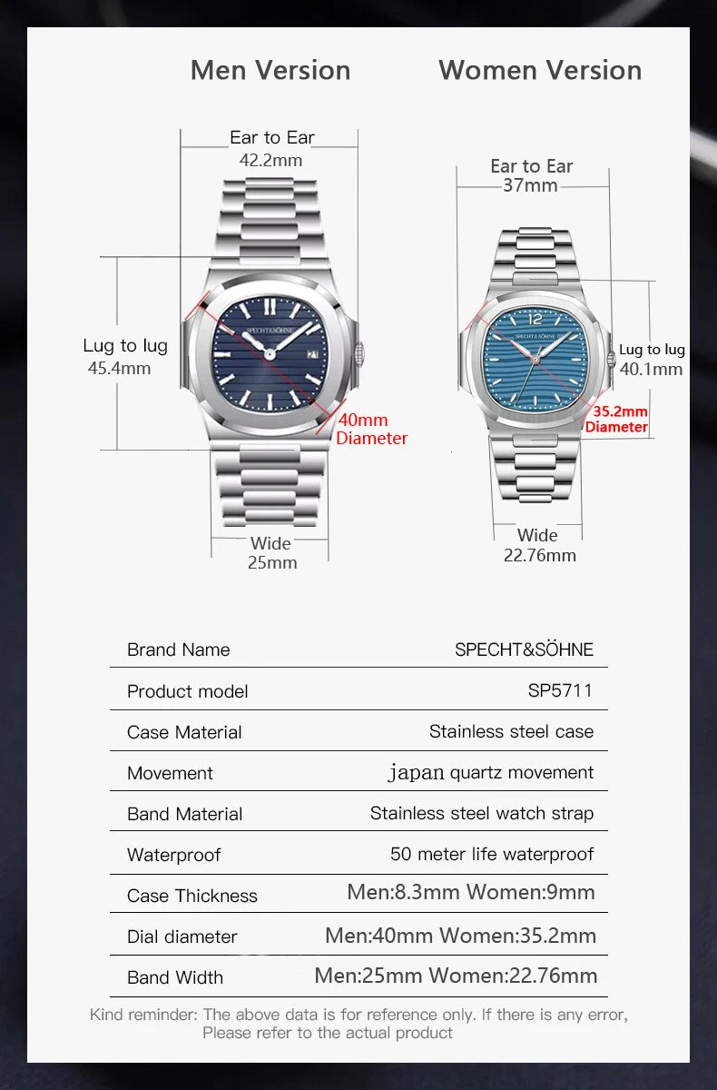 Specht & Söhne Men's 40MM Slim Quartz Watch | Sapphire Crystal 50M Waterproof Classic 5711