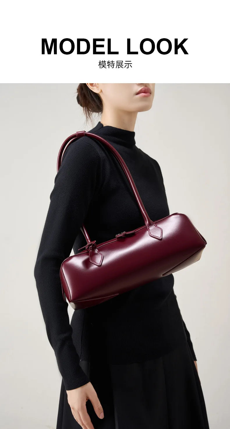 Vintage Genuine Leather Baguette Shoulder Bag – Korean Luxury Underarm Handbag for Women