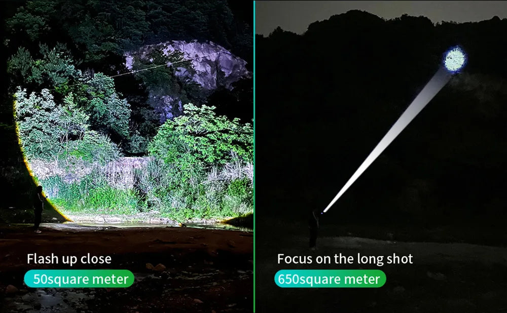 2500 Lumen Long Range LED Flashlight – IPX7 Waterproof, Type-C, 5 Modes, Power Bank Function