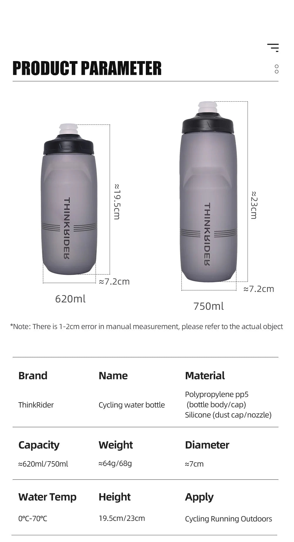 ThinkRider Cycling Water Bottle 620ml/750ml – Squeeze Jet, Leakproof, MTB & Road Bike Cage Compatible, 0–70°C