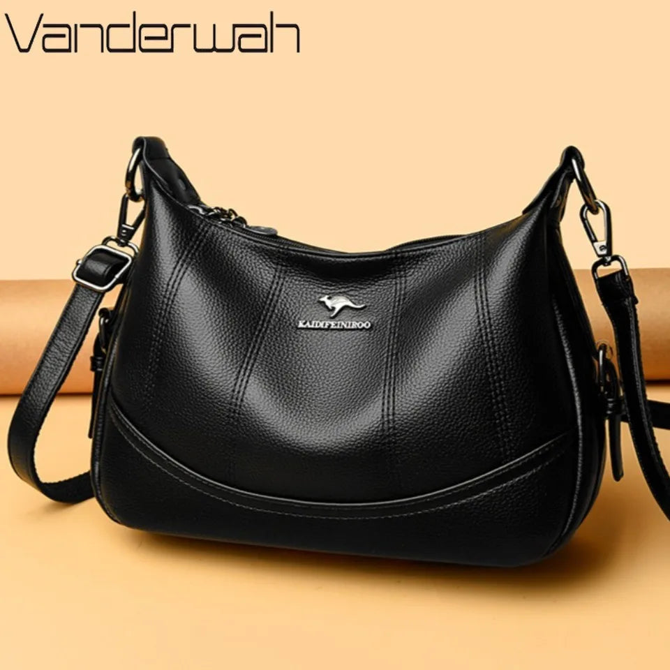 VANDERWAH Genuine Leather Two-Layer Flap Shoulder Bag – Luxury Crossbody Messenger Handbag for Women