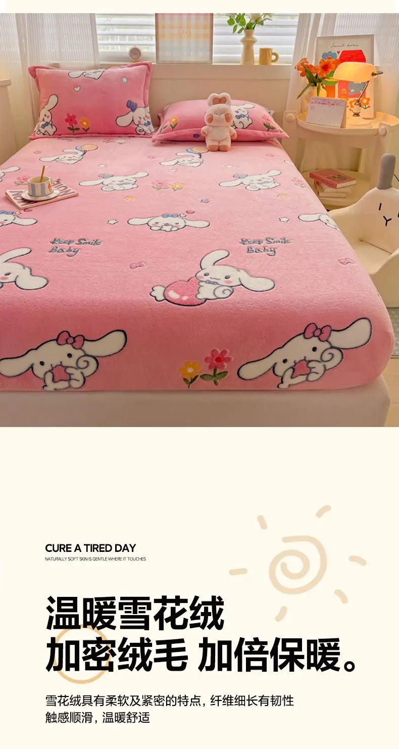 Flannel Fleece Fitted Bed Sheet – Warm Cartoon Purple, Elastic Single to King, Winter Bedsheet
