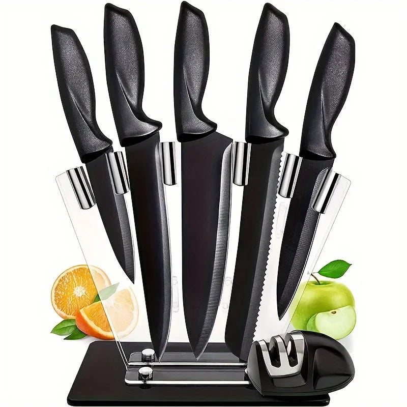 7-Piece Black Professional Chef Knife Set with Acrylic Holder – High Carbon Stainless Steel, Non-Stick Blades